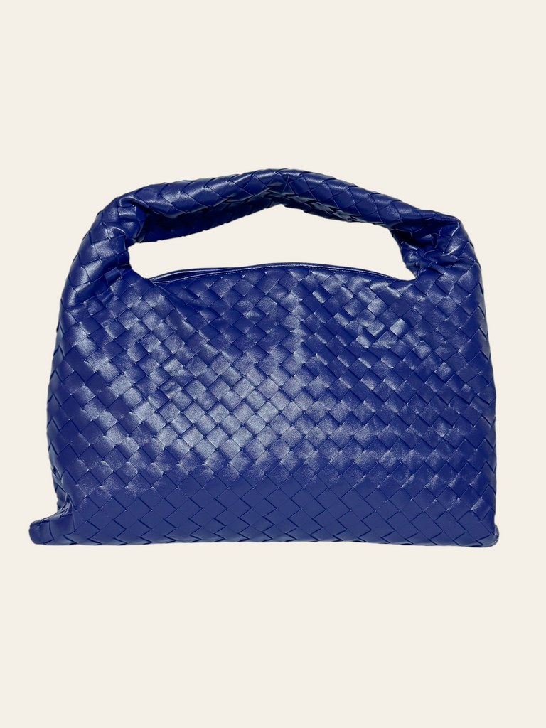Bottega Veneta Hop Small Duke Navy Intrecciato — front view of the Bottega Veneta Hop bag in navy Intrecciato woven leather with a folded top handle.