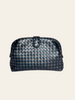 Bottega Veneta Lauren 1980 Clutch Black Intrecciato — front view of the Bottega Veneta Lauren 1980 Clutch in dark woven Intrecciato leather with a curved frame top and clasp.