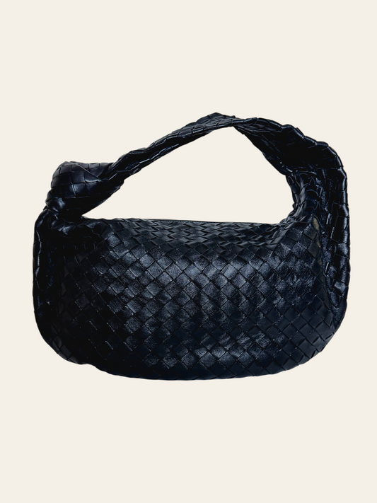 Bottega Veneta Small Jodie Black Intrecciato — front view of the Bottega Veneta Small Jodie in black Intrecciato with a knotted top handle.