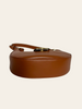 Celine Medium Strap Ava Triomphe Tan Calfskin — side profile view showing the bag's crescent silhouette.
