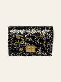 Calfskin Crocodile Embossed Graffiti 2.55 Reissue Flap Card Holder Black Gold 1