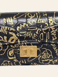 Calfskin Crocodile Embossed Graffiti 2.55 Reissue Flap Card Holder Black Gold 2