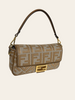 Fendi Wool Houndstooth FF Baguette Beige. Angled front-side view, top handle only, showing gold hardware and clasp.