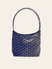 Goyard Bohème Mini Hobo Navy Goyardine — front view of the navy Goyardine chevron hobo bag, single top handle wrapped in protective plastic. 