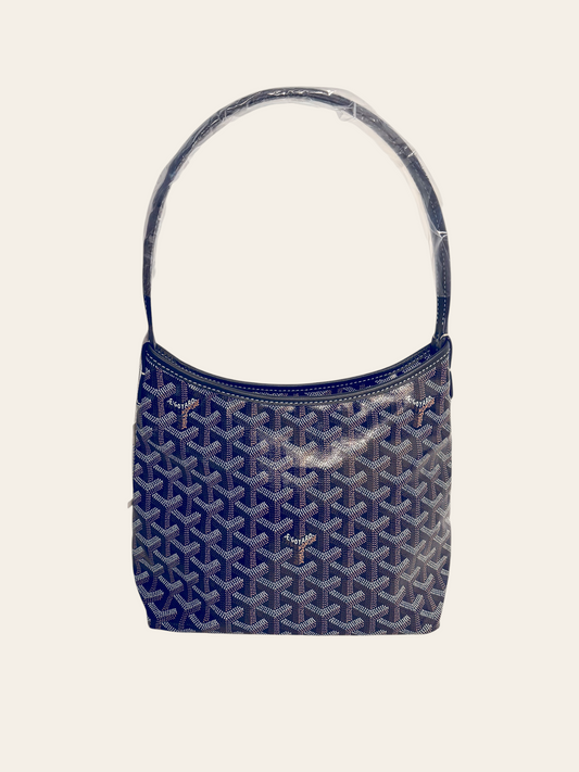 Goyard Bohème Mini Hobo Navy Goyardine — front view of the navy Goyardine chevron hobo bag, single top handle wrapped in protective plastic. 