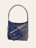 Goyard Bohème Mini Hobo Navy Goyardine — detail: front angled view showing the small front flap pouch with snap closure on the navy chevron hobo.